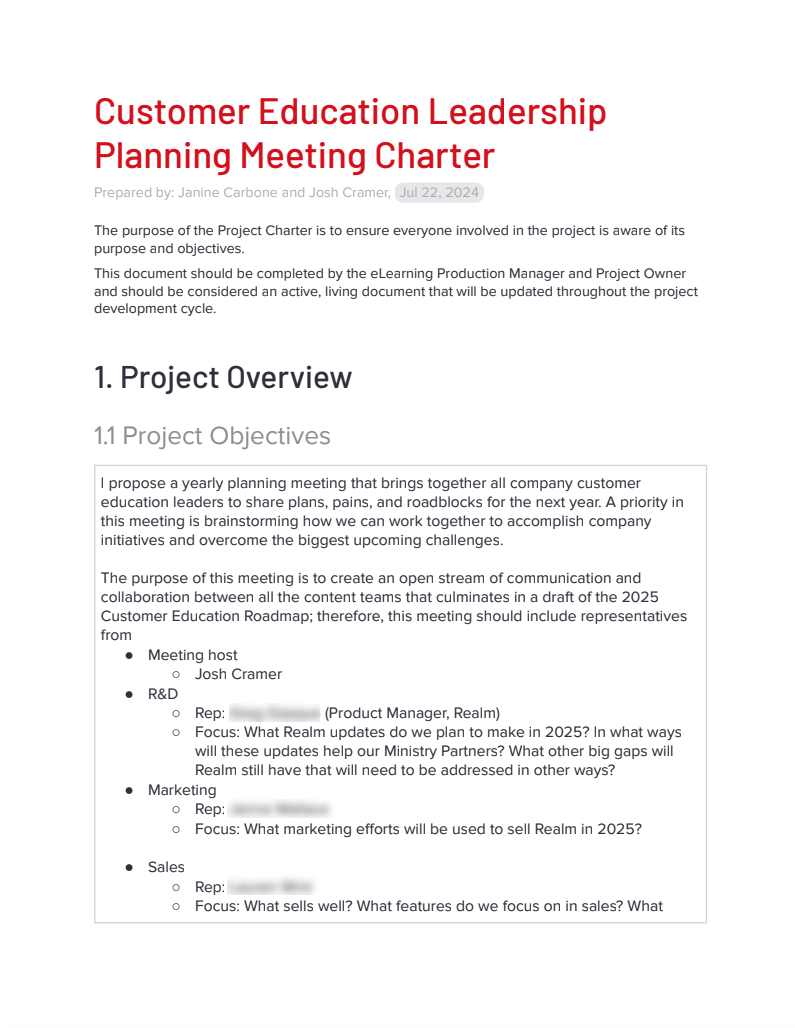 This is the initial page of the charter. Based on everyone's schedules, I changed this to a series of meetings.